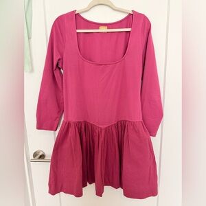 Free people Drop-waist Magenta Scoop Neck Long Sleeve Cotton Dress